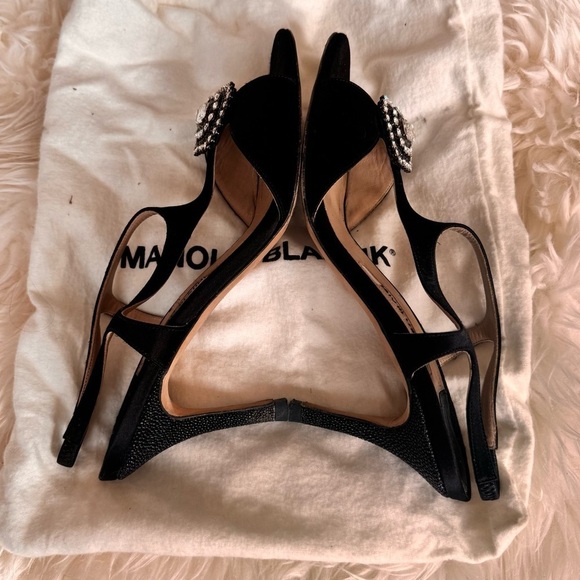 Manolo Blahnik Black Satin and Crystal Embellished Heels T-strap slingback pumps - Picture 5 of 15